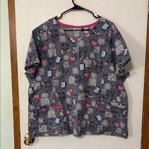 ScrubStar Gray and Pink Patterned Scrub Top Size 3XL